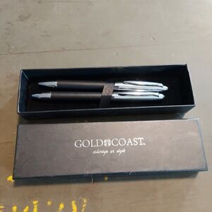 Gold Coast Pen Set 2pc Black Faux Leather Silver Chrome Professional Gift Box